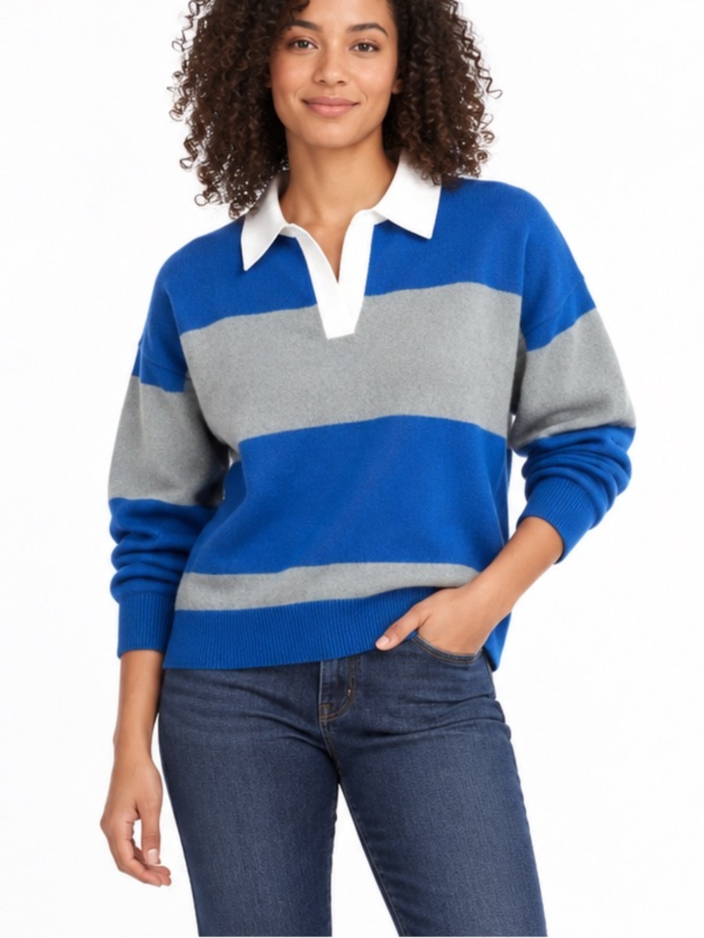 Scoop Striped Blue and Gray Knitted Rugby Stripe Sweater